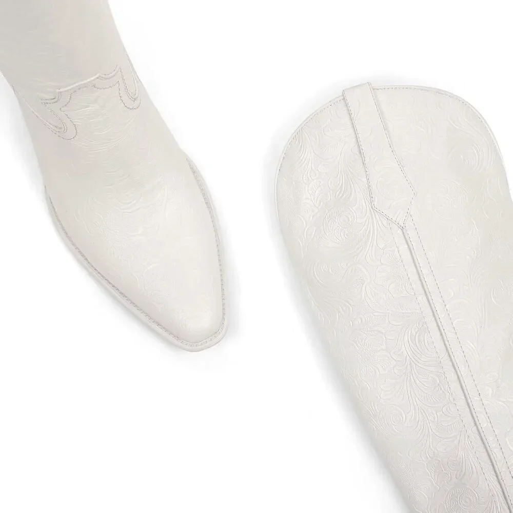 Women White Boots Embossed Knee High Western Boots Pointed Toe Comfortable